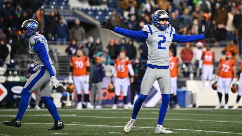 Feb 23, 2023; Seattle, WA, USA; St. Louis Battlehawks kicker Donny Hageman (2) celebrates after kicking the game-winning field goal against the Seattle Sea Dragons at Lumen Field. St. Louis defeated Seattle 20-18. Mandatory Credit: Steven Bisig-USA TODAY Sports