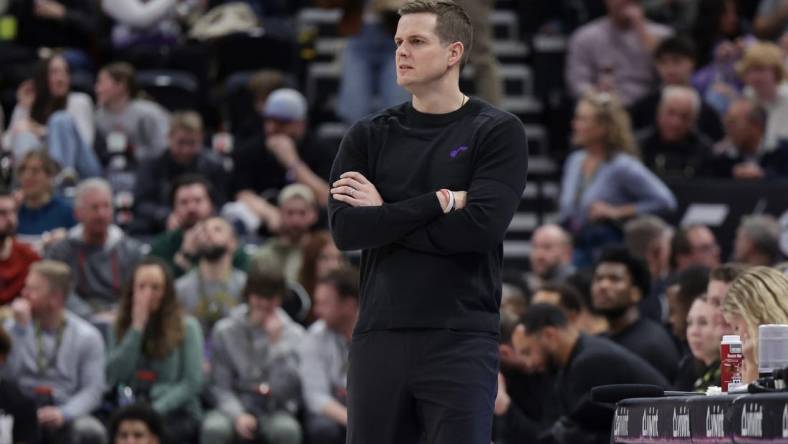 Feb 23, 2023; Salt Lake City, Utah, USA; Utah Jazz head coach Will Hardy walks the sidelines during the second half against the Oklahoma City Thunder at Vivint Arena. Mandatory Credit: Chris Nicoll-USA TODAY Sports