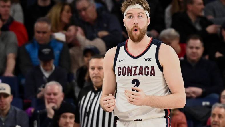 Feb 23, 2023; Spokane, Washington, USA; Gonzaga Bulldogs forward Drew Timme (2) reacts after being called for a foul against the San Diego Toreros in the second half at McCarthey Athletic Center. Mandatory Credit: James Snook-USA TODAY Sports