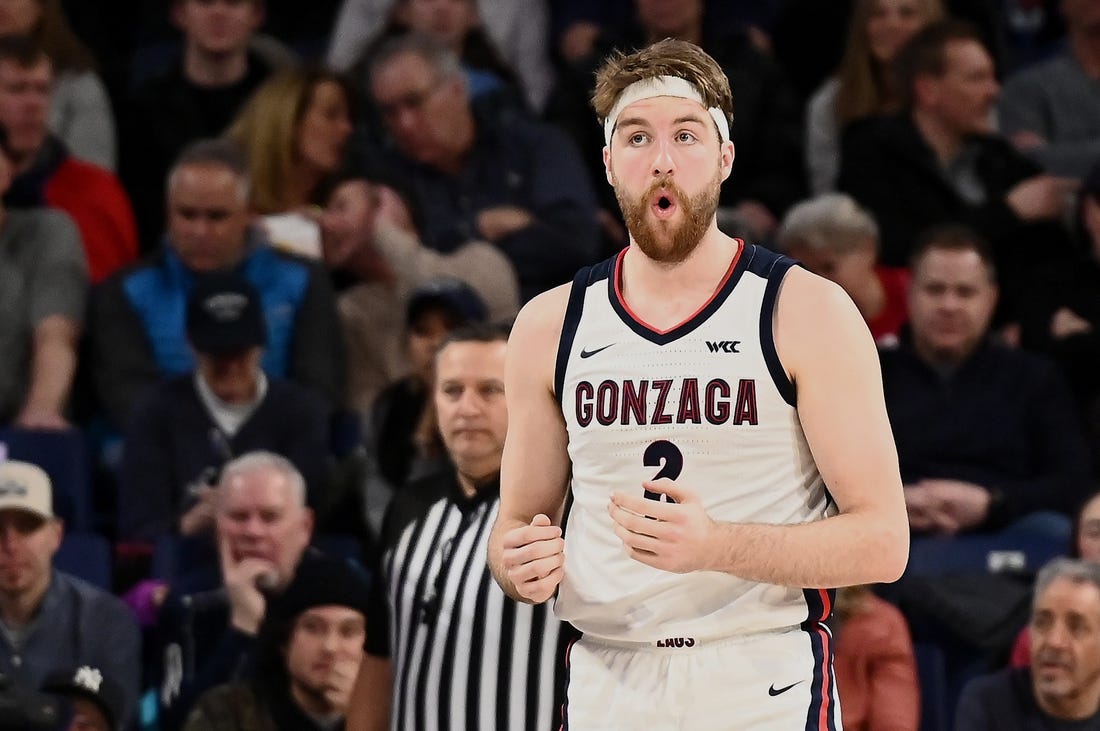 Feb 23, 2023; Spokane, Washington, USA; Gonzaga Bulldogs forward Drew Timme (2) reacts after being called for a foul against the San Diego Toreros in the second half at McCarthey Athletic Center. Mandatory Credit: James Snook-USA TODAY Sports