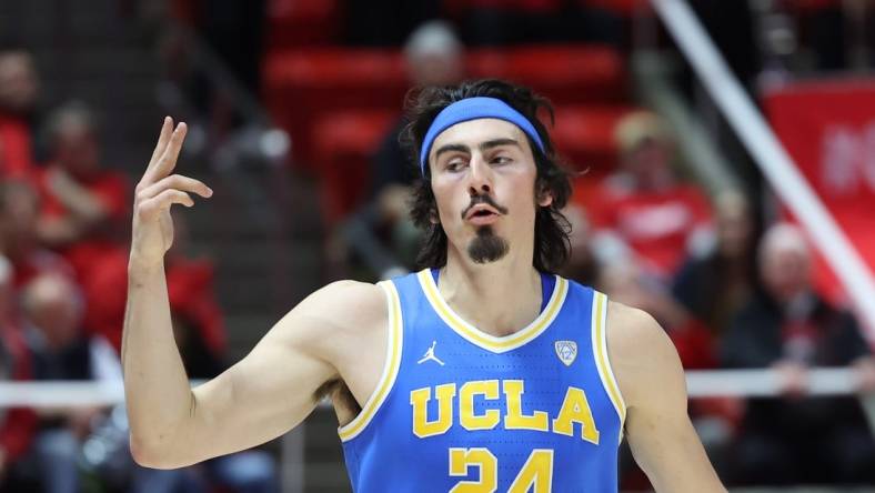 Feb 23, 2023; Salt Lake City, Utah, USA; UCLA Bruins guard Jaime Jaquez Jr. (24) reacts to making a three point shot against the Utah Utes in the second half at Jon M. Huntsman Center. Mandatory Credit: Rob Gray-USA TODAY Sports