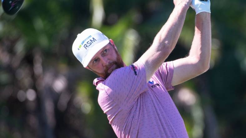 Chris Kirk tees off from the eighth tee during the third round of the Honda Classic at PGA National Resort & Spa on Saturday, February 25, 2023, in Palm Beach Gardens, FL.