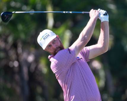 Chris Kirk tees off from the eighth tee during the third round of the Honda Classic at PGA National Resort & Spa on Saturday, February 25, 2023, in Palm Beach Gardens, FL.