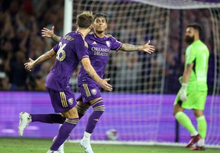 Feb 25, 2023; Orlando, Florida, USA; Orlando City SC midfielder Facundo Torres (17) reacts after scoring a goal against the New York Red Bulls during the second half at Exploria Stadium. Mandatory Credit: Nathan Ray Seebeck-USA TODAY Sports