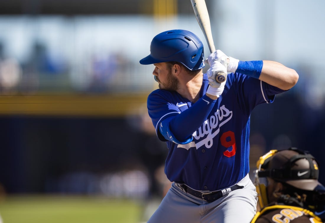 Feb 27, 2023; Peoria, Arizona, USA; Los Angeles Dodgers infielder Gavin Lux against the San Diego Padres during a spring training game at Peoria Sports Complex. Mandatory Credit: Mark J. Rebilas-USA TODAY Sports