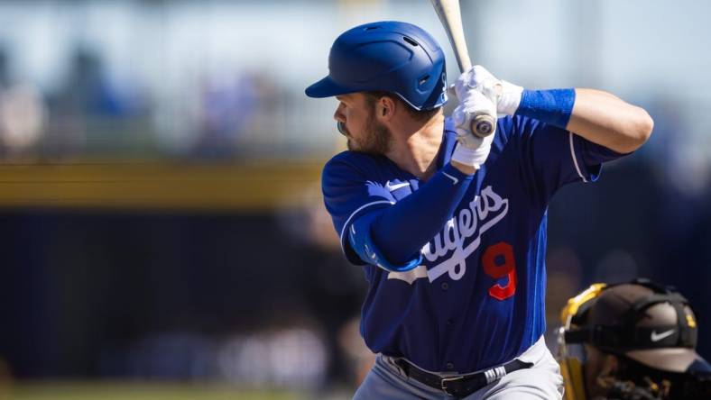 Feb 27, 2023; Peoria, Arizona, USA; Los Angeles Dodgers infielder Gavin Lux against the San Diego Padres during a spring training game at Peoria Sports Complex. Mandatory Credit: Mark J. Rebilas-USA TODAY Sports