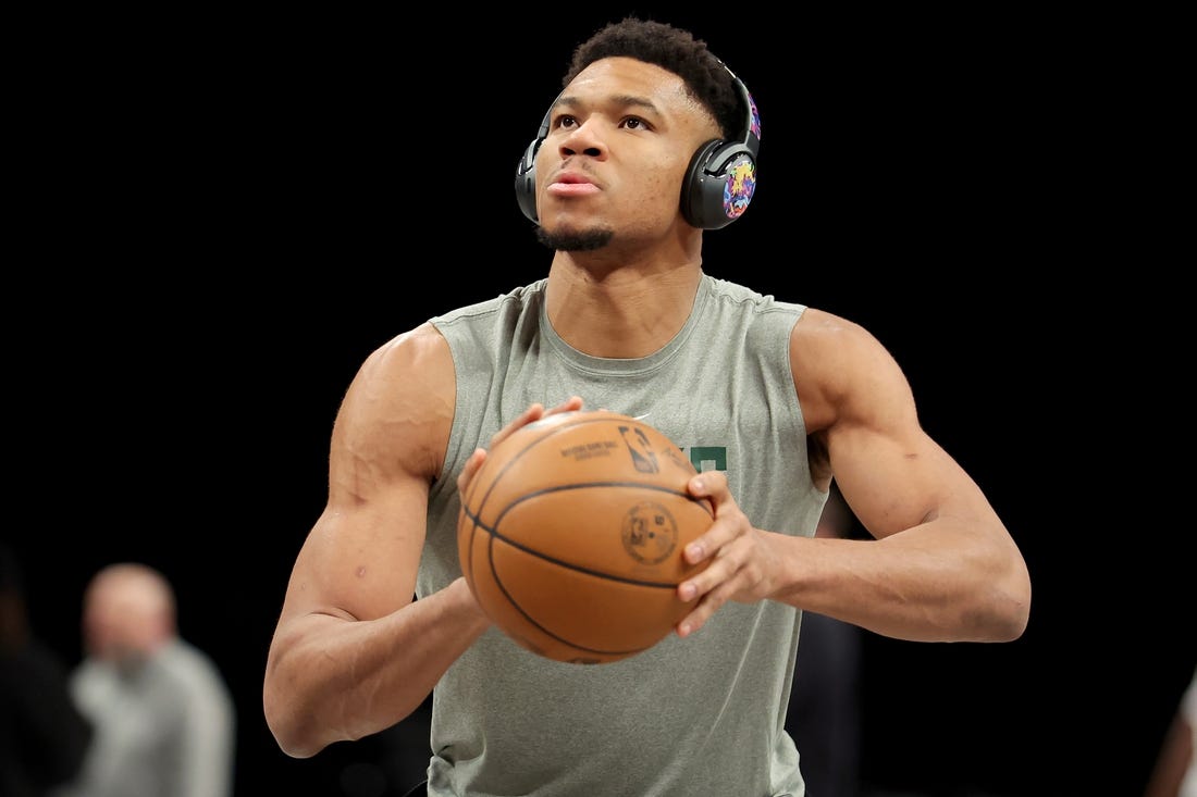 Feb 28, 2023; Brooklyn, New York, USA; Milwaukee Bucks forward Giannis Antetokounmpo (34) warms up before a game against the Brooklyn Nets at Barclays Center. Mandatory Credit: Brad Penner-USA TODAY Sports