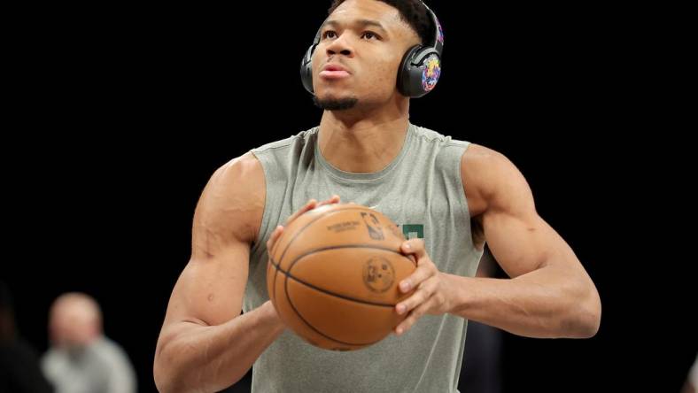 Feb 28, 2023; Brooklyn, New York, USA; Milwaukee Bucks forward Giannis Antetokounmpo (34) warms up before a game against the Brooklyn Nets at Barclays Center. Mandatory Credit: Brad Penner-USA TODAY Sports