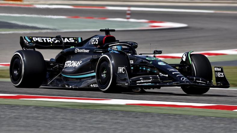 Bahrain International Circuit, Sakhir, Bahrain - February 23, 2023 Mercedes' George Russell during testing.