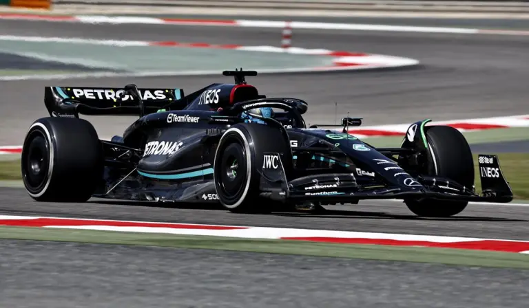 Bahrain International Circuit, Sakhir, Bahrain - February 23, 2023 Mercedes' George Russell during testing.