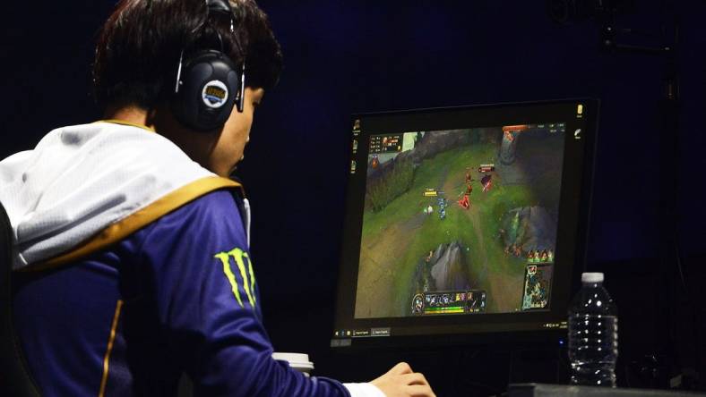 Apr 13, 2019; St. Louis , MO, USA; Team Liquid member Eonyoung Jeong plays against TSM during the League of Legends Championship Series Spring Finals at Chaifetz Arena. Mandatory Credit: Jeff Curry-USA TODAY Sports