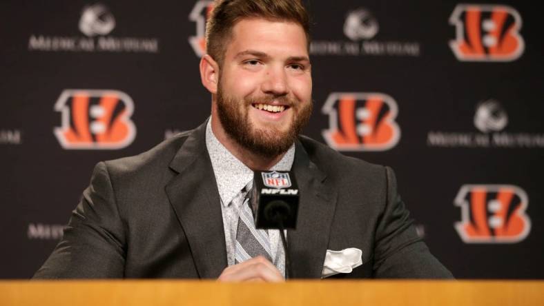 Apr 26, 2019; Cincinnati, OH, USA; Cincinnati Bengals 2019 first-round pick offensive tackle Jonah Williams is introduced, Friday, April 26, 2019, at Paul Brown Stadium in Cincinnati.  Mandatory Credit: Kareem Elgazzar/The Cincinnati Enquirer-USA TODAY NETWORK