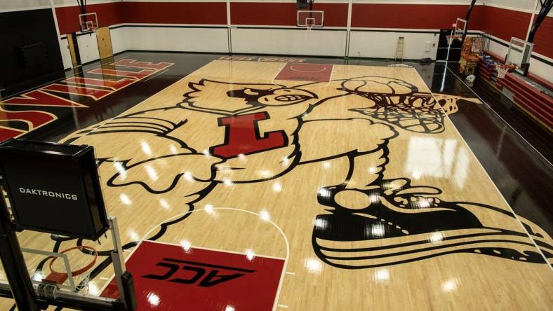 The new image of the cardinal mascot dunking has been completed on the floor of the U of L basketball practice facility on Floyd Street. May 15, 2019

T9i1136 Uofl Logo