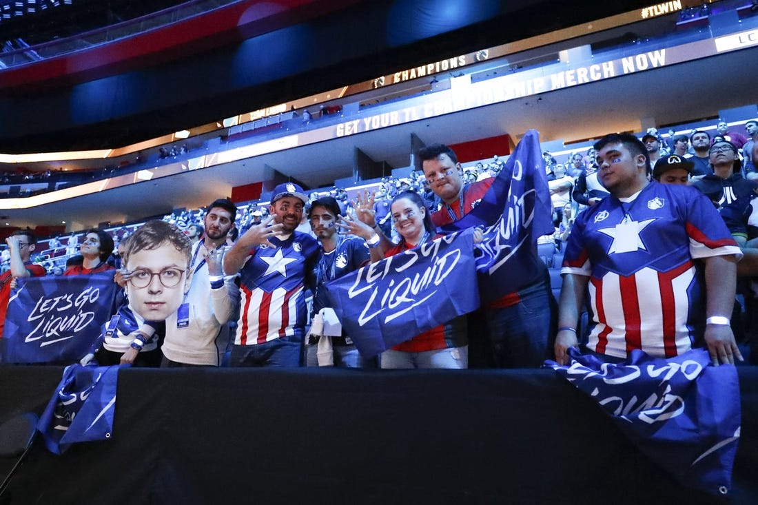 Aug 25, 2019; Detroit, MI, USA; Team Liquid fans support their team after they win the LCS Summer Finals event against Cloud9 at Little Caesars Arena. Mandatory Credit: Raj Mehta-USA TODAY Sports