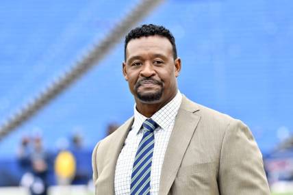Sep 29, 2019; Orchard Park, NY, USA; New England Patriots former player and current NFL Network analyst Willie McGinest on the field prior to a game between the Buffalo Bills and the New England Patriots at New Era Field. Mandatory Credit: Mark Konezny-USA TODAY Sports