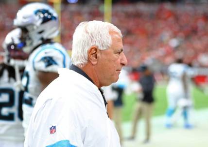 Sep 22, 2019; Glendale, AZ, USA; Carolina Panthers running game coordinator John Matsko against the Arizona Cardinals at State Farm Stadium. Mandatory Credit: Mark J. Rebilas-USA TODAY Sports