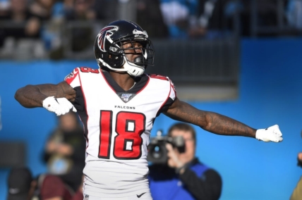 Nov 17, 2019; Charlotte, NC, USA; Atlanta Falcons wide receiver Calvin Ridley (18) reacts after scoring a touchdown in the third quarter at Bank of America Stadium. Mandatory Credit: Bob Donnan-USA TODAY Sports