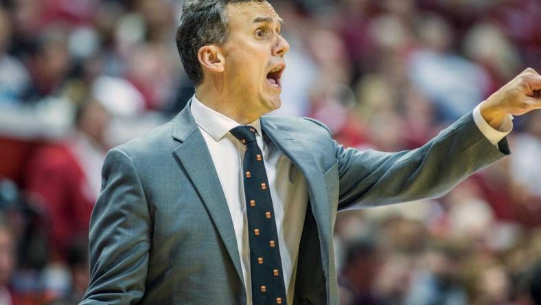 Nov 20, 2019; Bloomington, IN, USA; Princeton Tigers head coach Mitch Henderson calls out a play on the sideline in the first half against the Indiana Hoosiers at Simon Skjodt Assembly Hall. Mandatory Credit: Trevor Ruszkowski-USA TODAY Sports