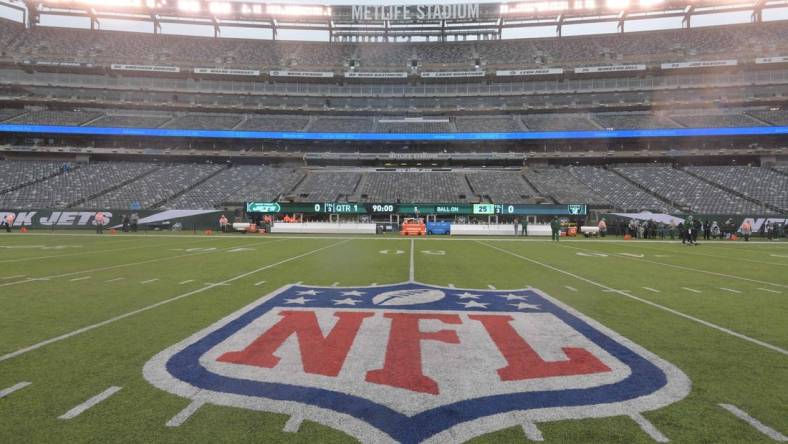 Nov 24, 2019; East Rutherford, NJ, USA; General overall view of the NFL shield logo at midfield at MetLife Stadium. The Jets defeated the Raiders 34-3.  Mandatory Credit: Kirby Lee-USA TODAY Sports