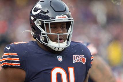 Nov 24, 2019; Chicago, IL, USA; Chicago Bears nose tackle Eddie Goldman (91) stands on the sidelines in the second half against the New York Giants at Soldier Field. Mandatory Credit: Kena Krutsinger-USA TODAY Sports