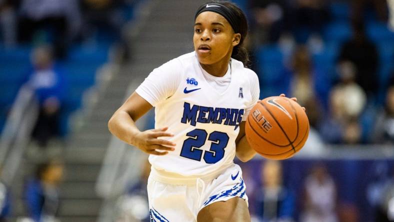 Memphis guard Jamirah Shutes (23) brings the ball up the court during a basketball game against the UConn Huskies at the Elma Neal Roane Field house on Tuesday Jan. 14, 2020

Memphis Tigers Vs Uconn Huskies