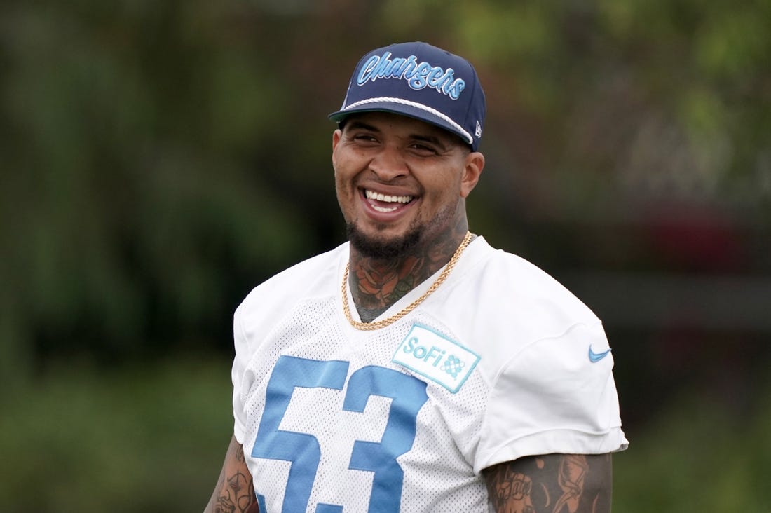 Aug 31, 2020; Costa Mesa, California, USA; Los Angeles Chargers center Mike Pouncey (53) during training camp at the Jack Hammett Sprots Complex.  Mandatory Credit: Kirby Lee-USA TODAY Sports