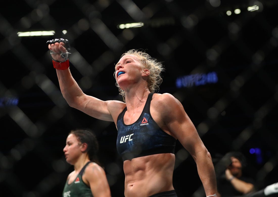 January 18, 2020; Las Vegas, Nevada, USA; Holly Holm during UFC 246 at T-Mobile Arena. Mandatory Credit: Mark J. Rebilas-USA TODAY Sports