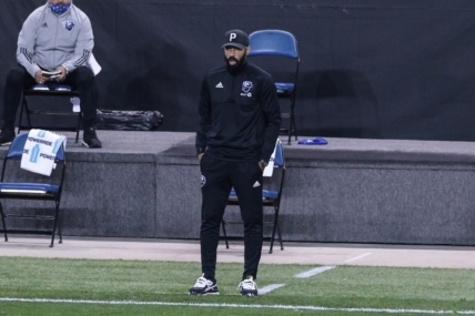 Oct 17, 2020; Harrison, New Jersey, USA; Montreal Impact head coach Thierry Henry coaches during the second half against Inter Miami at Red Bull Arena. Mandatory Credit: Vincent Carchietta-USA TODAY Sports