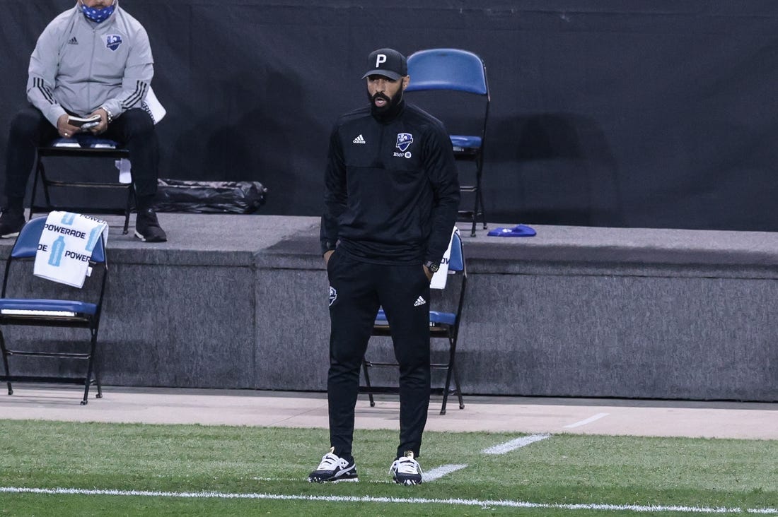 Oct 17, 2020; Harrison, New Jersey, USA; Montreal Impact head coach Thierry Henry coaches during the second half against Inter Miami at Red Bull Arena. Mandatory Credit: Vincent Carchietta-USA TODAY Sports