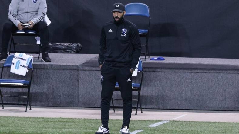 Oct 17, 2020; Harrison, New Jersey, USA; Montreal Impact head coach Thierry Henry coaches during the second half against Inter Miami at Red Bull Arena. Mandatory Credit: Vincent Carchietta-USA TODAY Sports