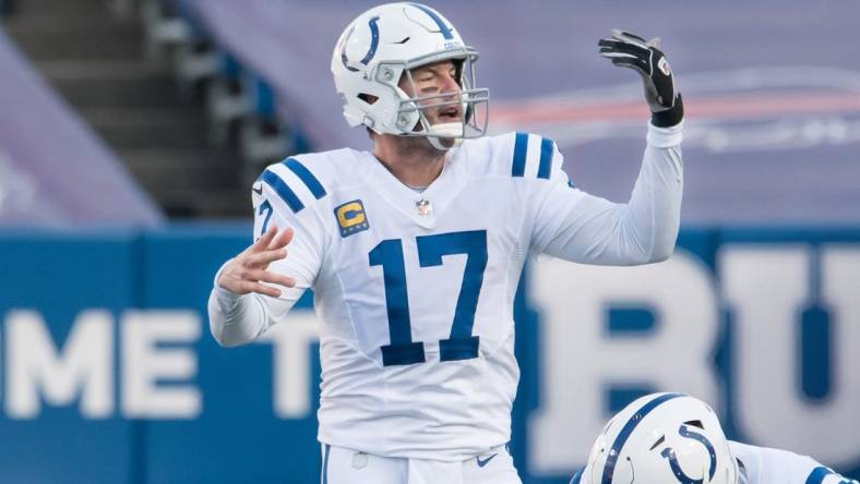 Jan 9, 2021; Orchard Park, New York, USA; Indianapolis Colts quarterback Philip Rivers (17) makes an adjustment at the line of scrimmage in the third quarter wildcard playoff game against the Buffalo Bills at Bills Stadium. Mandatory Credit: Mark Konezny-USA TODAY Sports