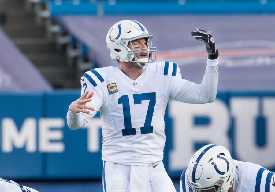 Jan 9, 2021; Orchard Park, New York, USA; Indianapolis Colts quarterback Philip Rivers (17) makes an adjustment at the line of scrimmage in the third quarter wildcard playoff game against the Buffalo Bills at Bills Stadium. Mandatory Credit: Mark Konezny-USA TODAY Sports