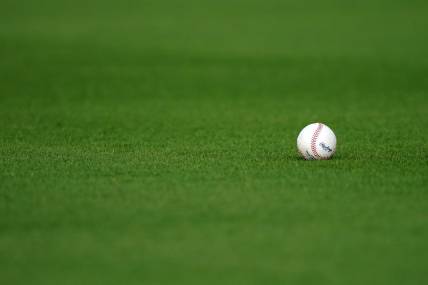 Feb 22, 2021; West Palm Beach, Florida, USA; A general view of a baseball in the grass during Houston Astros spring training workouts at The Ballpark of the Palm Beaches. Mandatory Credit: Jasen Vinlove-USA TODAY Sports