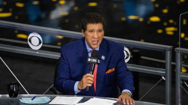 Apr 5, 2021; Indianapolis, IN, USA; CBS announcer Greg Gumbel prior to the national championship game in the Final Four of the 2021 NCAA Tournament between the Gonzaga Bulldogs and the Baylor Bears at Lucas Oil Stadium. Mandatory Credit: Kyle Terada-USA TODAY Sports