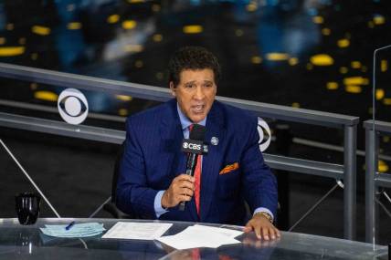 Apr 5, 2021; Indianapolis, IN, USA; CBS announcer Greg Gumbel prior to the national championship game in the Final Four of the 2021 NCAA Tournament between the Gonzaga Bulldogs and the Baylor Bears at Lucas Oil Stadium. Mandatory Credit: Kyle Terada-USA TODAY Sports