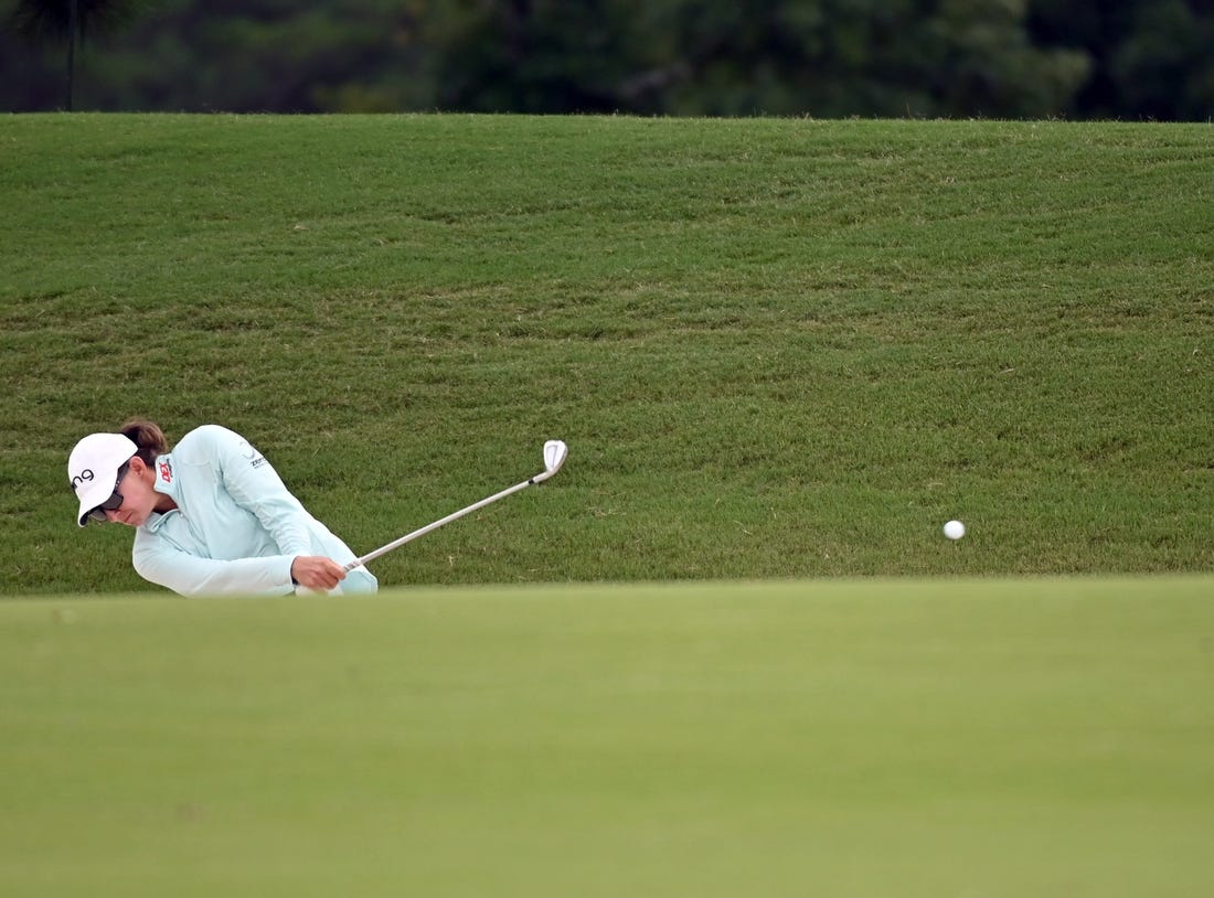 Jun 25, 2021; John's Creek, Georgia, USA; Elizabeth Szokol plays a shot from the ninth fairway during the second round of the KPMG Women's PGA Championship golf tournament at the Atlanta Athletic Club. Mandatory Credit: Adam Hagy-USA TODAY Sports