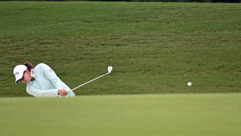 Jun 25, 2021; John's Creek, Georgia, USA; Elizabeth Szokol plays a shot from the ninth fairway during the second round of the KPMG Women's PGA Championship golf tournament at the Atlanta Athletic Club. Mandatory Credit: Adam Hagy-USA TODAY Sports