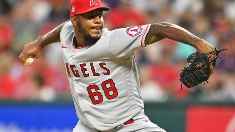 Aug 20, 2021; Cleveland, Ohio, USA; Los Angeles Angels pitcher Jose Marte (68) throws a pitch during the fourth inning against the Cleveland Indians at Progressive Field. Mandatory Credit: Ken Blaze-USA TODAY Sports