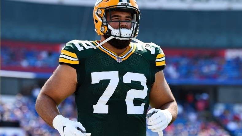 Aug 28, 2021; Orchard Park, New York, USA; Green Bay Packers defensive tackle Abdullah Anderson (72) jogs on the field prior to the game against the Buffalo Bills at Highmark Stadium. Mandatory Credit: Rich Barnes-USA TODAY Sports