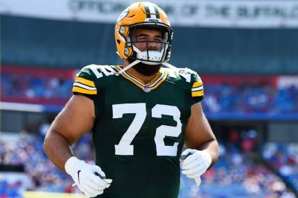 Aug 28, 2021; Orchard Park, New York, USA; Green Bay Packers defensive tackle Abdullah Anderson (72) jogs on the field prior to the game against the Buffalo Bills at Highmark Stadium. Mandatory Credit: Rich Barnes-USA TODAY Sports
