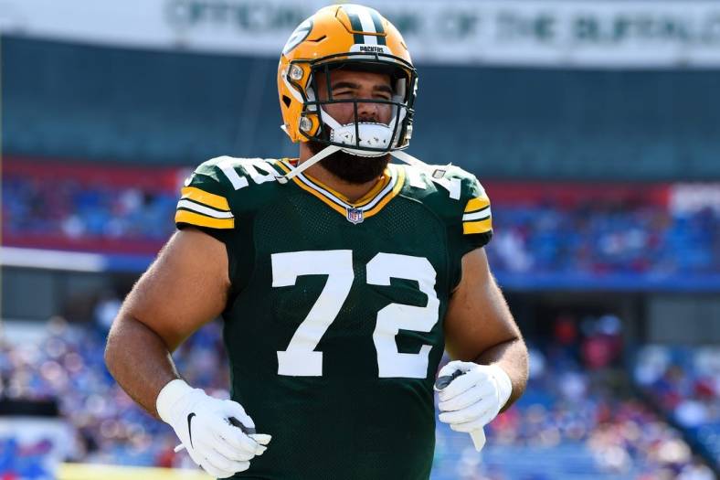 Aug 28, 2021; Orchard Park, New York, USA; Green Bay Packers defensive tackle Abdullah Anderson (72) jogs on the field prior to the game against the Buffalo Bills at Highmark Stadium. Mandatory Credit: Rich Barnes-USA TODAY Sports
