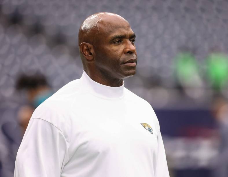 Sep 12, 2021; Houston, Texas, USA; Jacksonville Jaguars inside linebackers coach Charlie Strong looks on before the game against the Houston Texans at NRG Stadium. Mandatory Credit: Troy Taormina-USA TODAY Sports