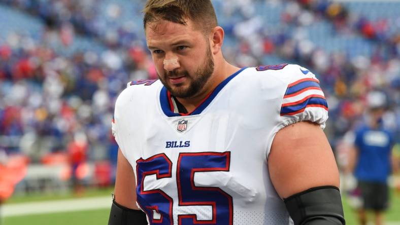 Sep 12, 2021; Orchard Park, New York, USA; Buffalo Bills offensive guard Ike Boettger (65) following the game against the Pittsburgh Steelers at Highmark Stadium. Mandatory Credit: Rich Barnes-USA TODAY Sports