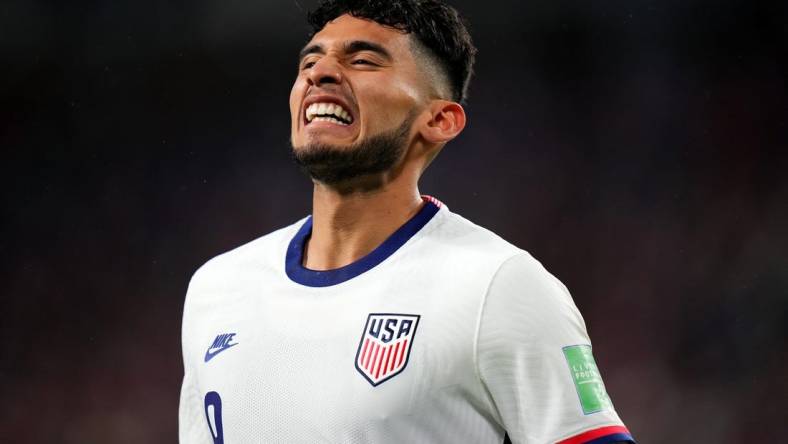 Ricardo Pepi #9 of the United States reacts after a missed shot on goal during the first half of a 2022 World Cup CONCACAF qualifying match against Mexico, Friday, Nov. 12, 2021, at TQL Stadium in Cincinnati. United States won against Mexico, 2-0.

Mexico At Usa 2022 World Cup Qualifier Nov 11