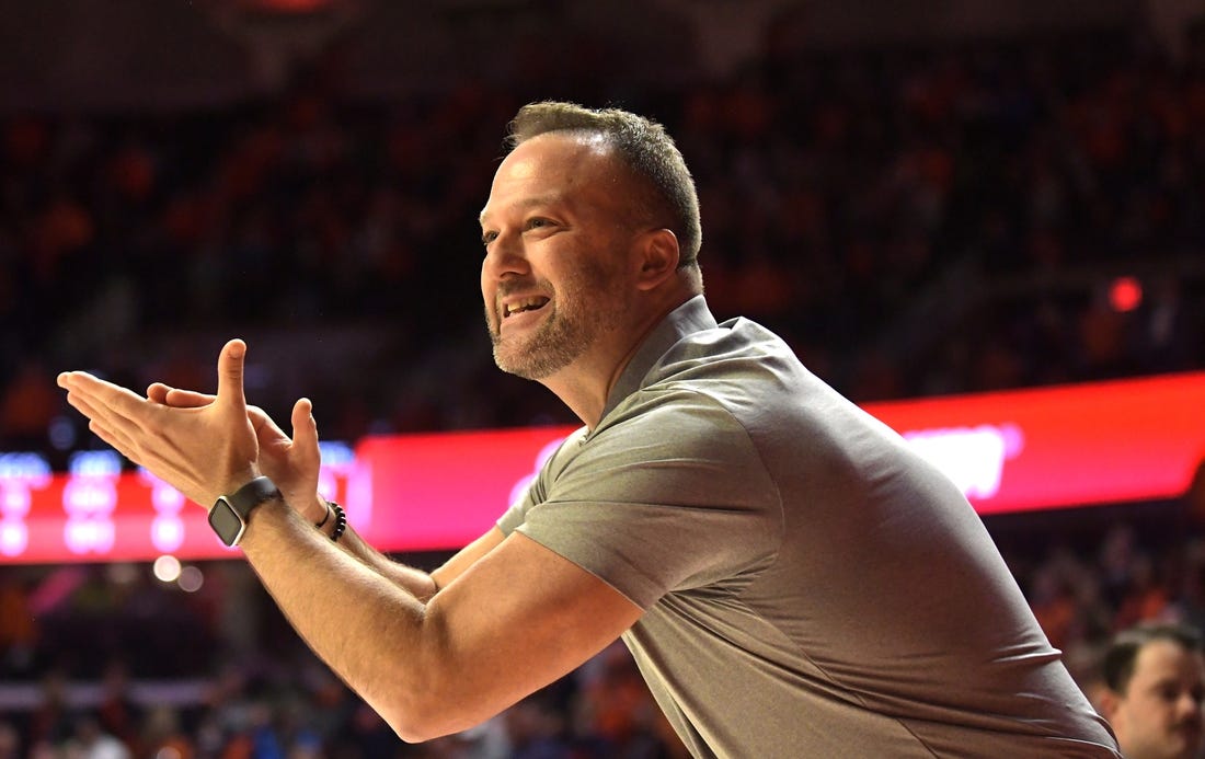 Nov 12, 2021; Champaign, Illinois, USA;  Arkansas State head coach Mike Balado applauds his team in the first half against the Illinois Fighting Illini at State Farm Center. Mandatory Credit: Ron Johnson-USA TODAY Sports