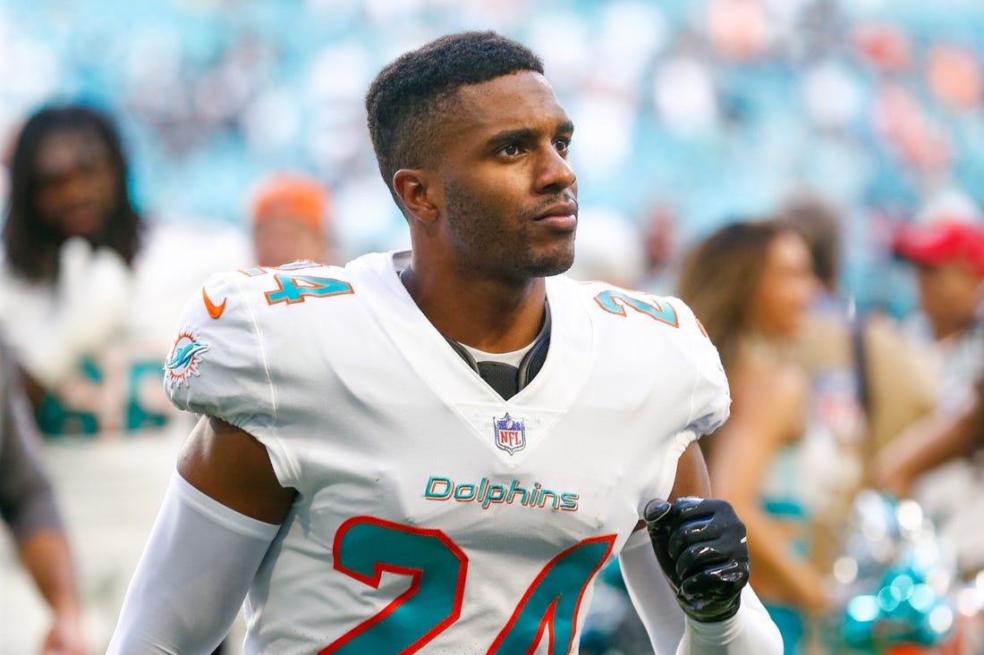 Nov 28, 2021; Miami Gardens, Florida, USA; Miami Dolphins cornerback Byron Jones (24) looks on after the game against the Carolina Panthers at Hard Rock Stadium. Mandatory Credit: Sam Navarro-USA TODAY Sports