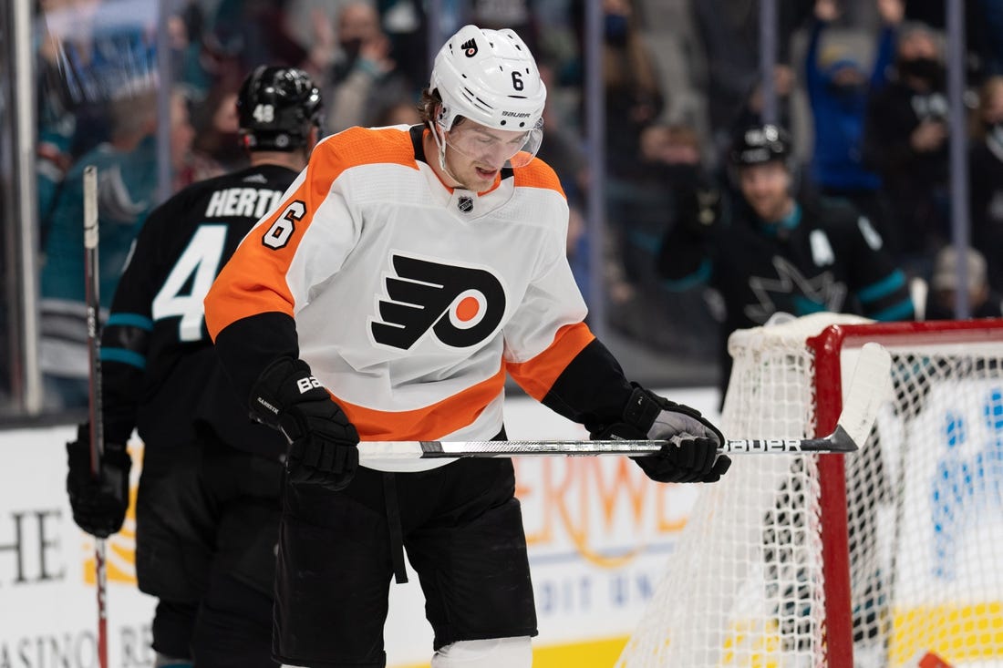 Dec 30, 2021; San Jose, California, USA;  Philadelphia Flyers defenseman Travis Sanheim (6) reacts after losing to the San Jose Sharks during overtime at SAP Center at San Jose. Mandatory Credit: Stan Szeto-USA TODAY Sports