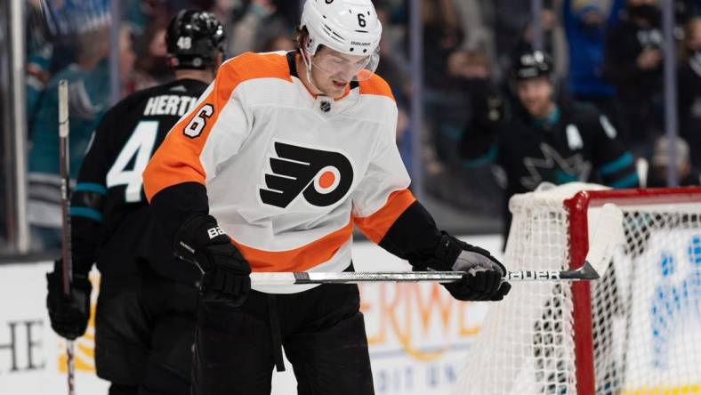 Dec 30, 2021; San Jose, California, USA;  Philadelphia Flyers defenseman Travis Sanheim (6) reacts after losing to the San Jose Sharks during overtime at SAP Center at San Jose. Mandatory Credit: Stan Szeto-USA TODAY Sports