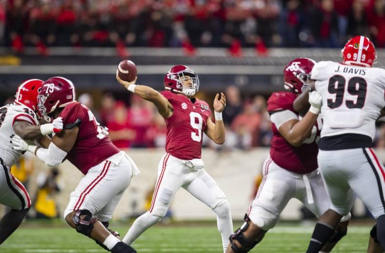 Jan 10, 2022; Indianapolis, IN, USA; Alabama Crimson Tide quarterback Bryce Young (9) against the Georgia Bulldogs in the 2022 CFP college football national championship game at Lucas Oil Stadium. Mandatory Credit: Mark J. Rebilas-USA TODAY Sports