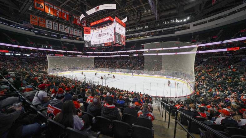 Jan 29, 2022; Philadelphia, Pennsylvania, USA; A general view of the Wells Fargo Center during the second period of the game between the Los Angeles Kings and Philadelphia Flyers. Mandatory Credit: Mitchell Leff-USA TODAY Sports